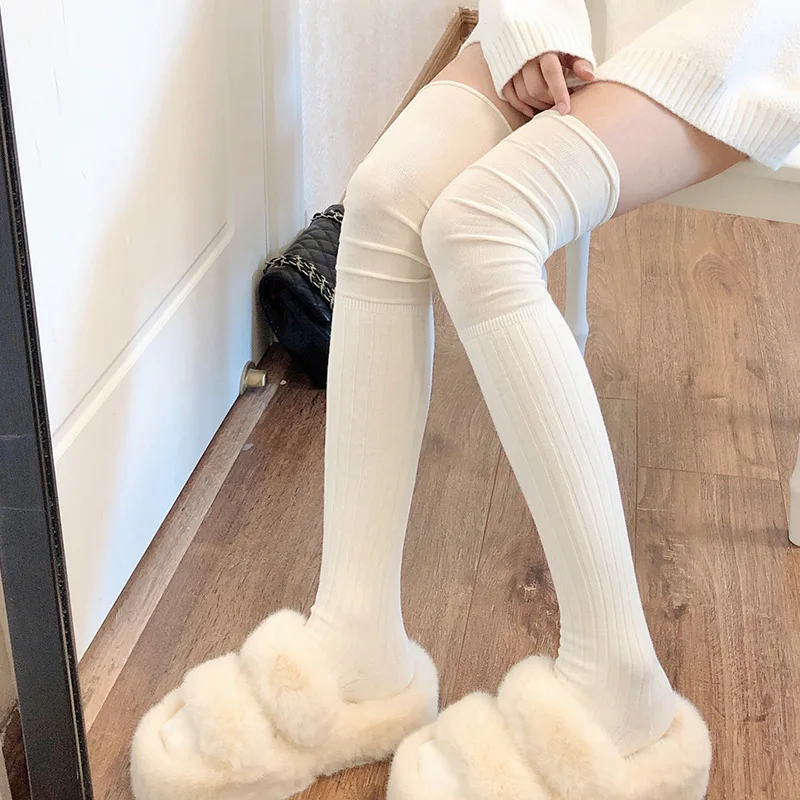 Damenstrümpfe für Herbst und Winter, Dick Gestrickte Einfarbige Overknee-Strümpfe, Gerippte Schwarze und Weiße Socken für Frauen, Überknie-Länge, Wärmend