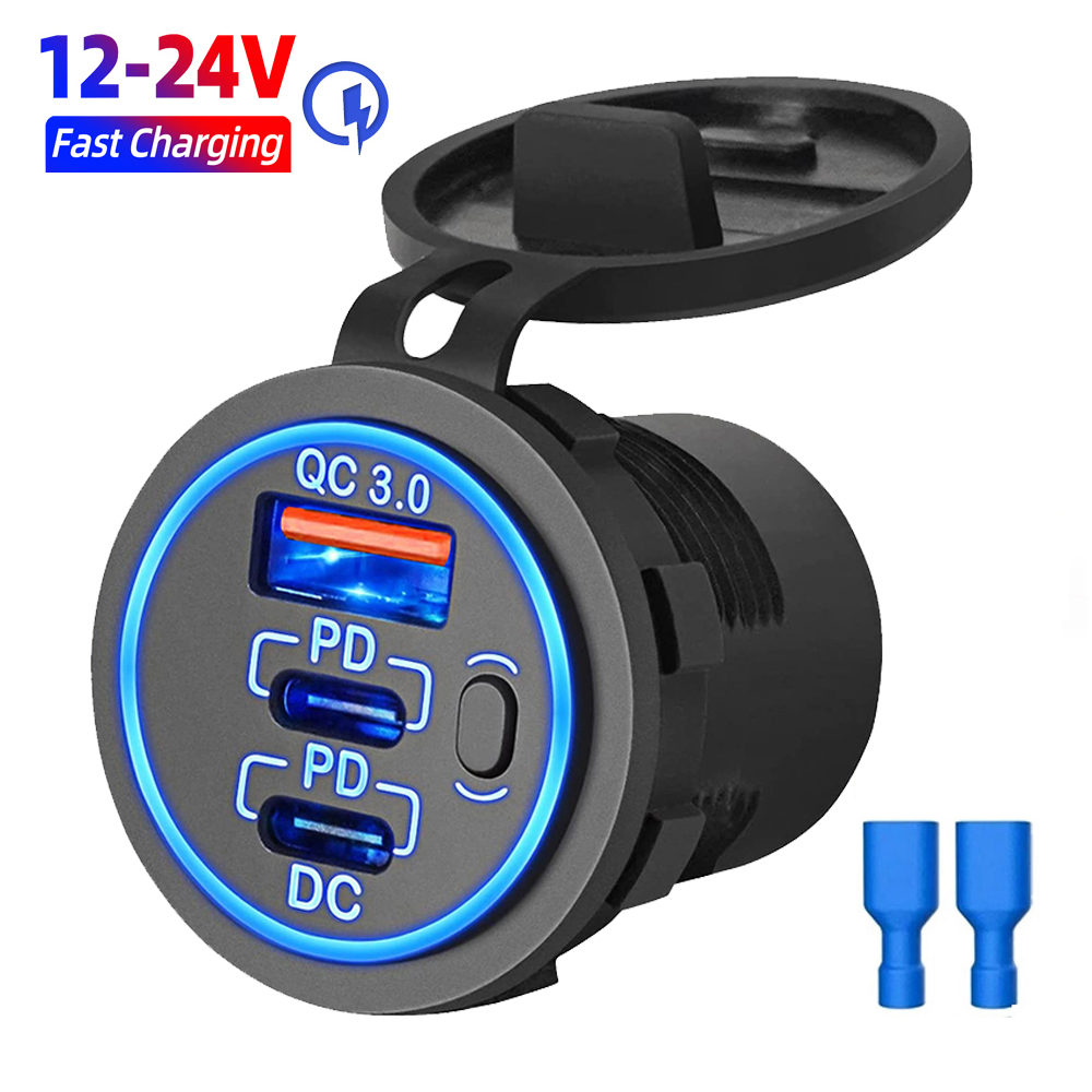 Автомобильное зарядное устройство USB 12 В, двойное 30 Вт PD USB-C и порт QC3.0, автомобильное зарядное устройство 18 Вт, аксессуары для автомобиля, лодки, морского грузовика, мотоцикла
