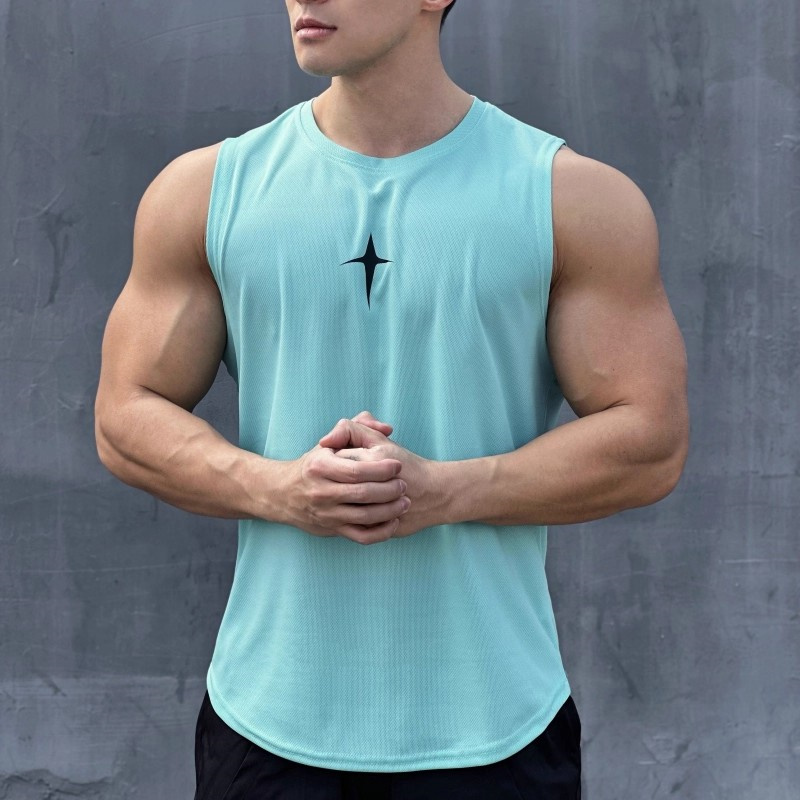 Colete sem mangas de verão, casual, esportivo, para atividades ao ar livre, regata fitness, camiseta de secagem rápida, gola redonda, camiseta masculina para academia, respirável.