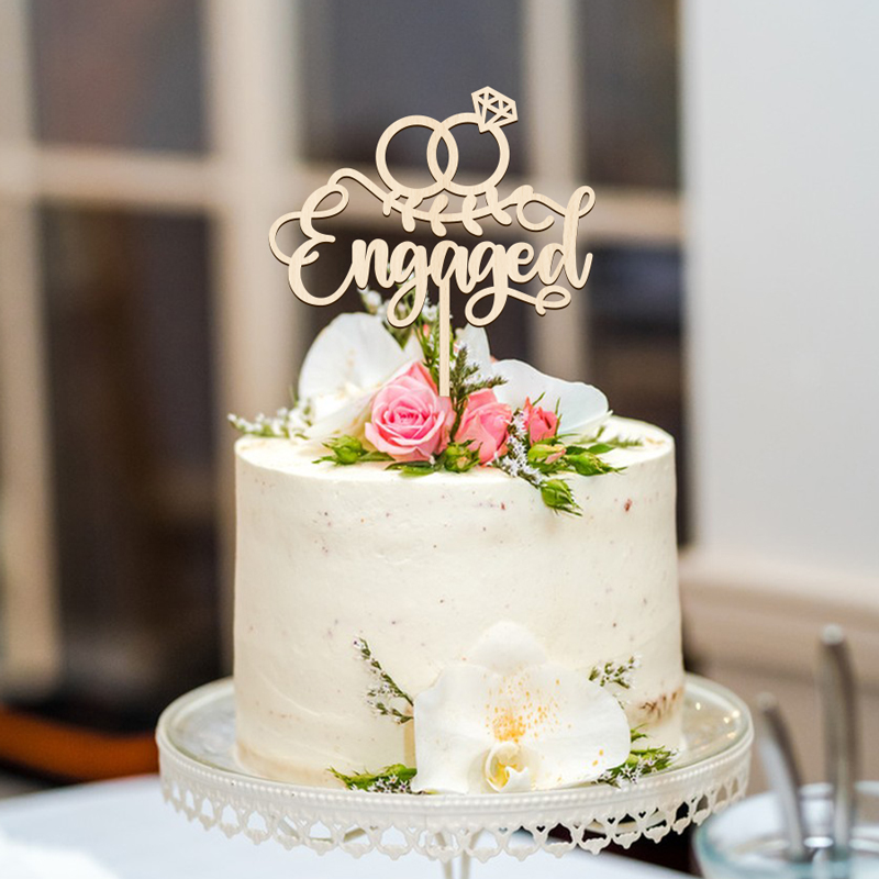 YOMDID 1PC Wooden Engaged Cake Topper Engagement Cake Decoration Bride Shower Bachelor Wedding Party Baked Cake Insert In Wood