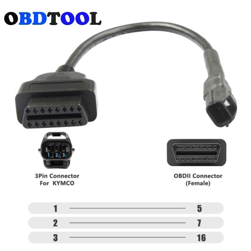 Para KYMCO Cable de motocicleta de 3 pines OBD OBD2 Cable de diagnóstico OBDII 16 pines a 3 pines para adaptador de conector convertidor de motocicleta KYMCO