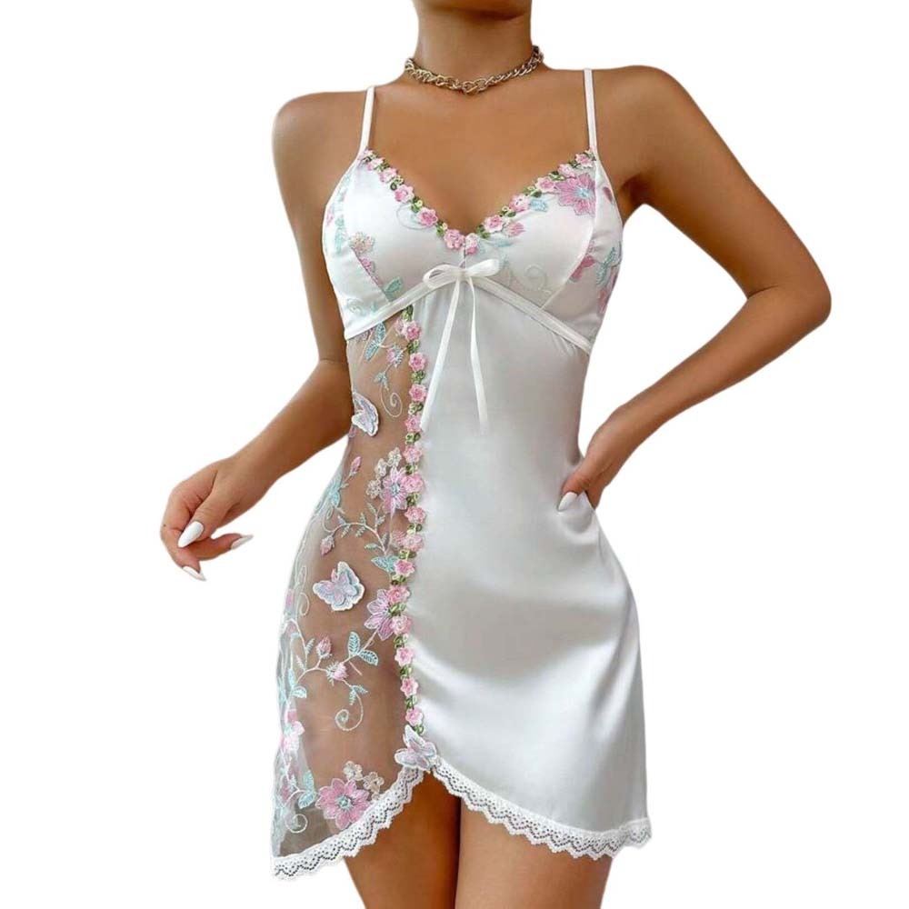 Dünnes Spitzen-Schleifen-Nachthemd für Damen, besticktes Mesh, transparente Eisseide, Träger-Nachthemd, geschlitzte Nachtwäsche