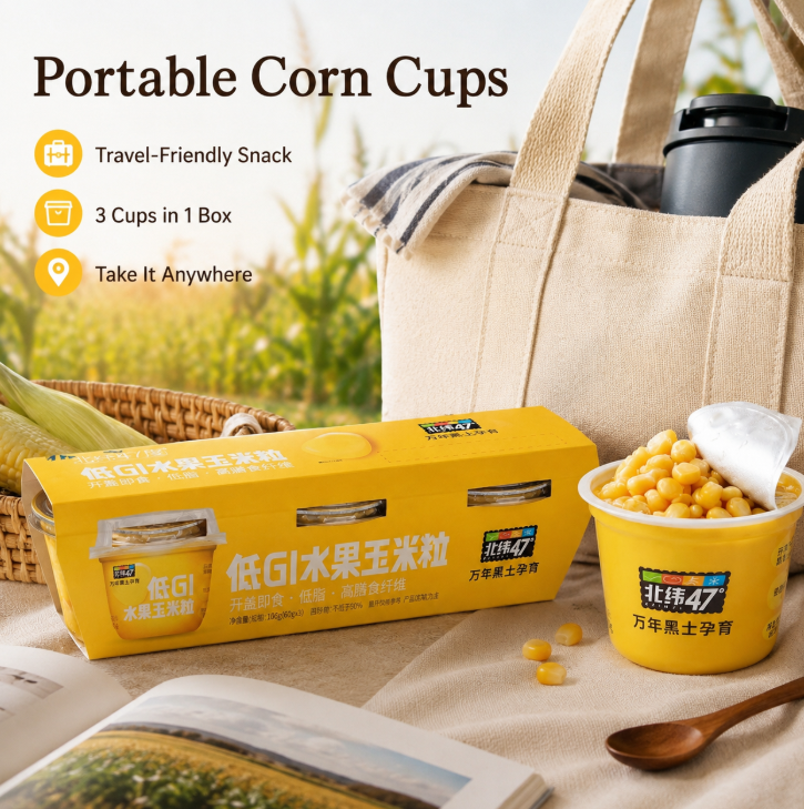 Mini-coupelle portable pour camping et pique-nique en extérieur, maïs entier à faible IG N47, 3 coupelles par boîte, à consommer instantanément, sans cuisson, riche en fibres, faible en gras, maïs de terre noire, pour voyage, barbecue, salade, petit-déjeu