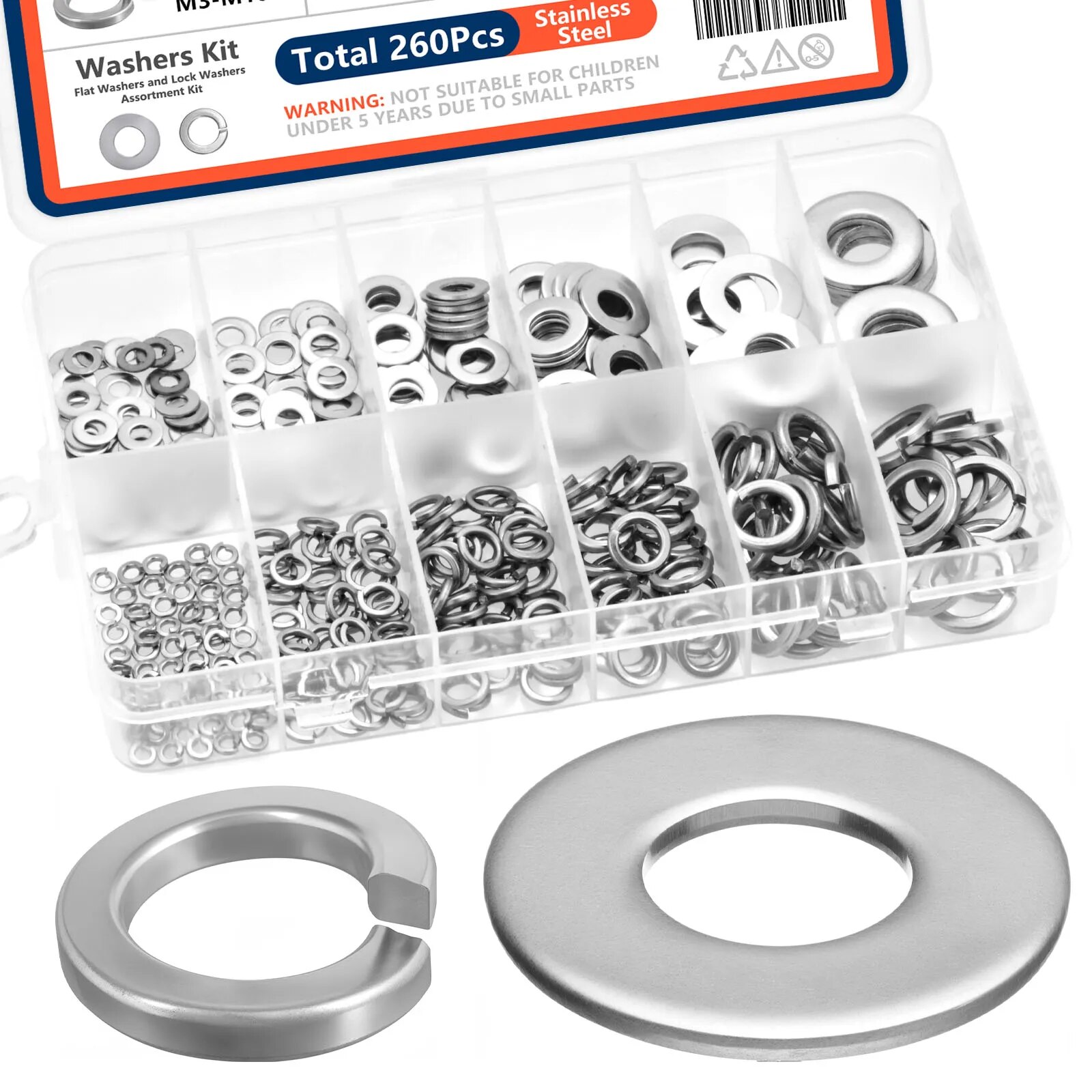 260 stks/95 stks Assortiment Slot en Platte Ring Roestvrij Staal M3 M4 M5 M6 M8 M10 Veer Borgringen en Platte Ringen Set