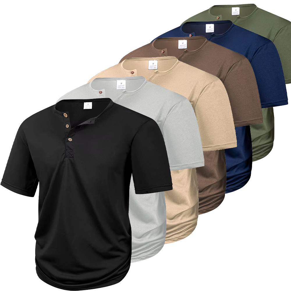 T-shirt Henry casual da uomo T-shirt sportiva comoda e traspirante a maniche corte con bottoni marroni estivi