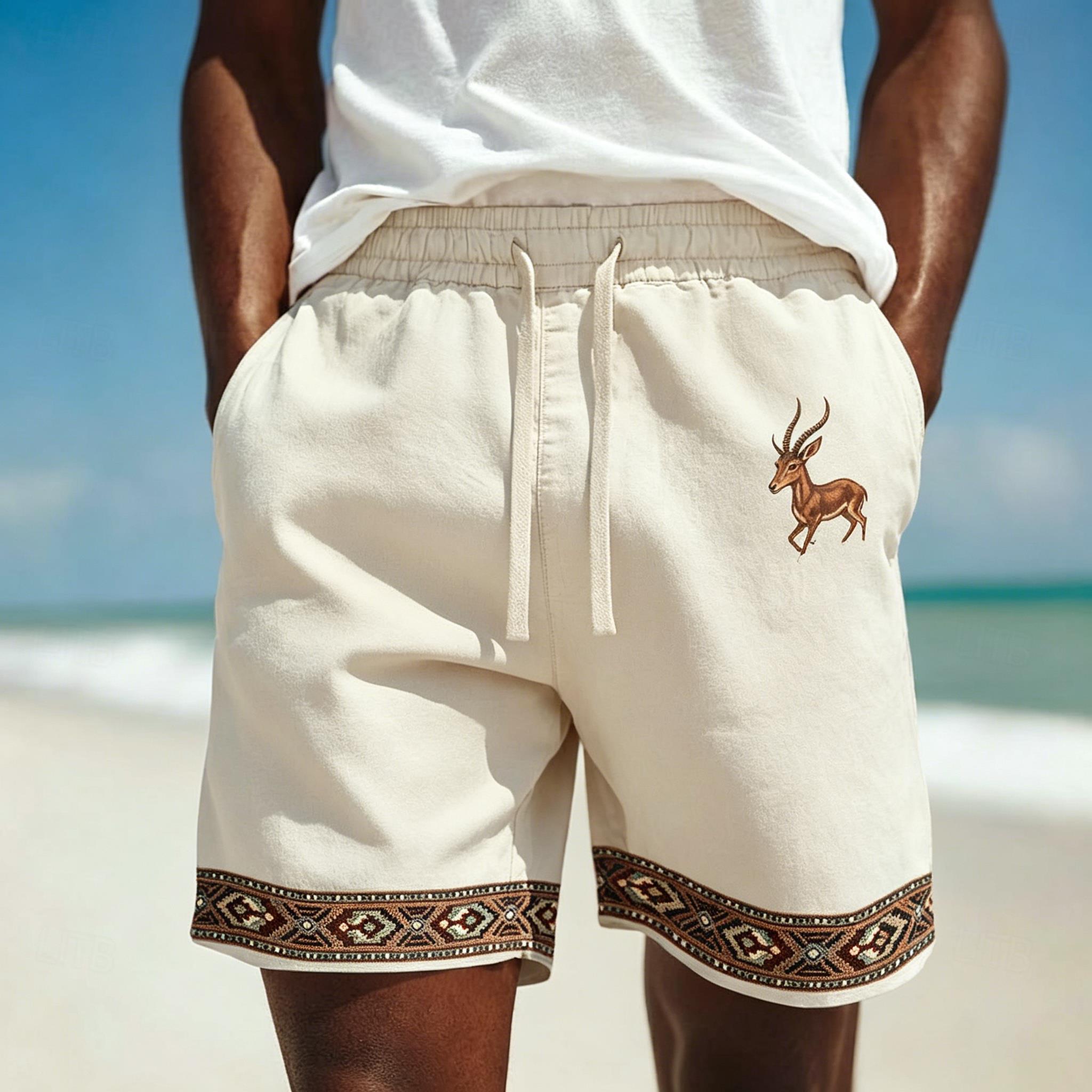 กางเกงขาสั้นลำลองพิมพ์ลาย Gazelle สำหรับผู้ชาย ขอบเอวแบบผูกเชือก แต่งลายชาติพันธุ์ สำหรับฤดูใบไม้ผลิ ฤดูร้อน ใส่ได้ทุกวัน ใส่ไปเที่ยวทะเล