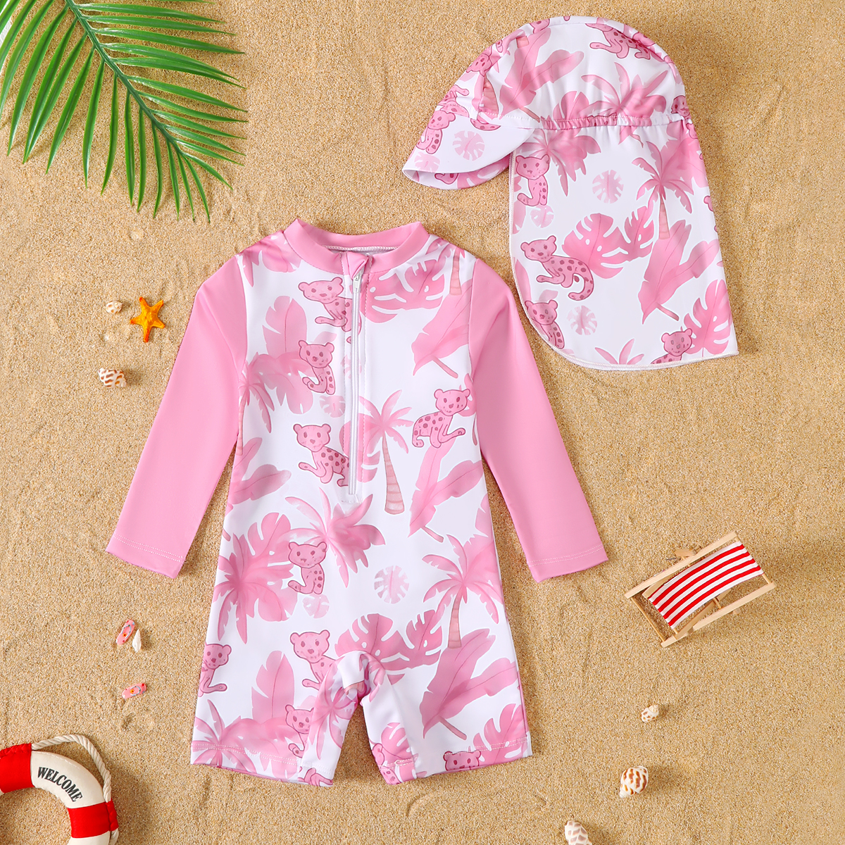Traje de baño de manga larga con estampado rosa de verano para niña, traje de baño con sombrero, protección y comodidad