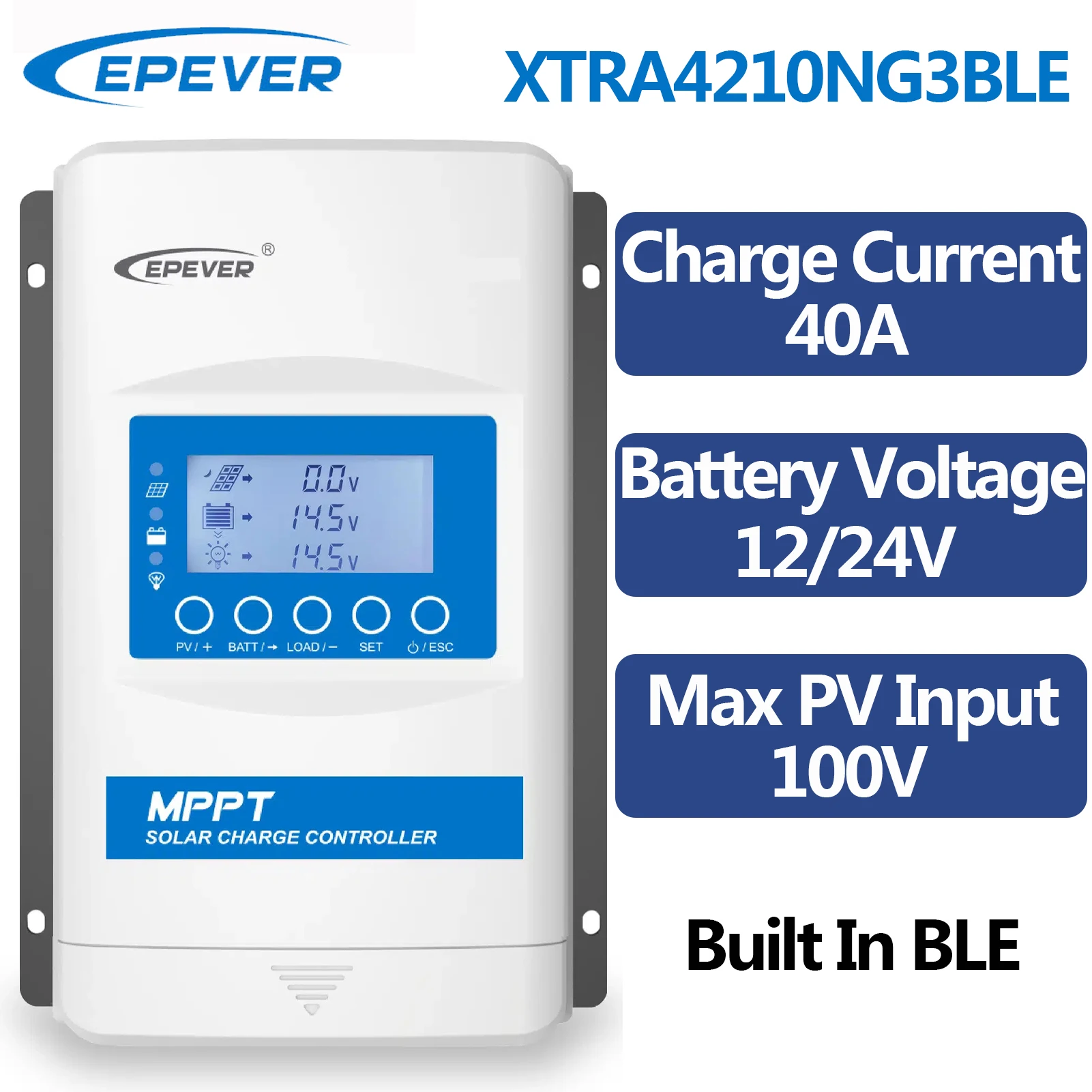 EPEVER-controlador de carga Solar MPPT de 40A, voltaje de batería de 12/24V, entrada PV BLE Max integrada de 100V