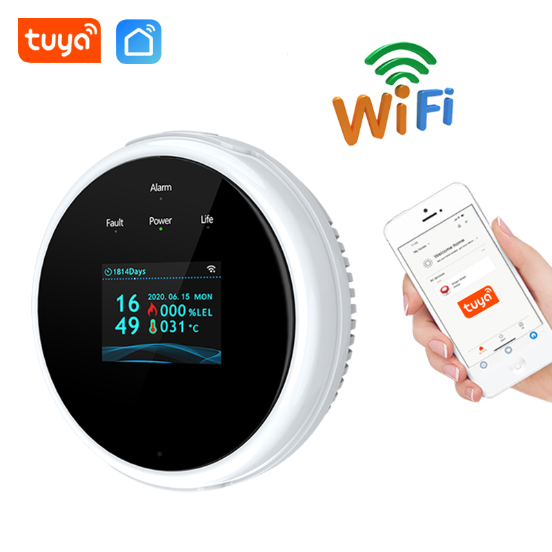Tuya-Sensor Detector de fugas de Gas Natural, alarma inteligente, seguridad contra incendios, pantalla LED Digital de temperatura para el hogar y la cocina, Wifi