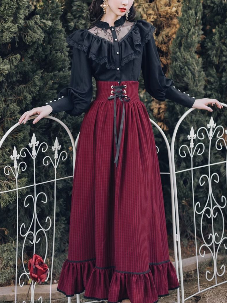 Conjunto de vestido gótico vintage de duas peças, blusa feminina de renda preta com babados + saia midi com cadarço, corte retrô de inverno 2023, ternos casuais y2k