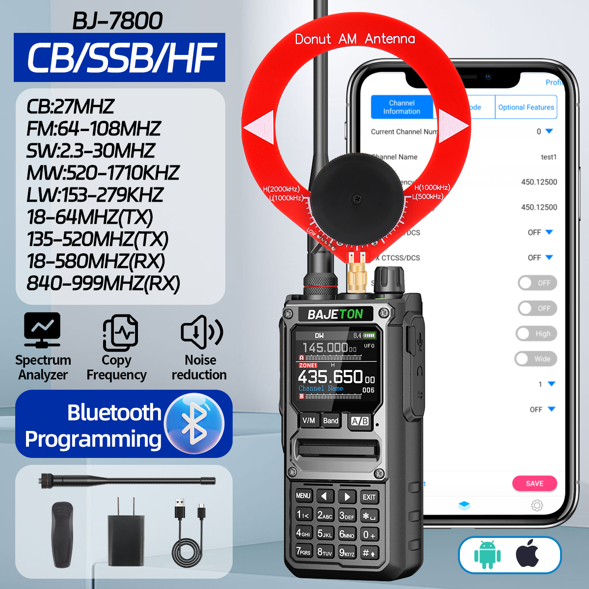 BAJETON BJ-7800 Walkie Talkie NOAA SW MW LW AM SSB CB 10W Odbiornik Bezprzewodowy Bluetooth Programowanie Telefonu dla Radiotelefonu Dwukierunkowego RT-920