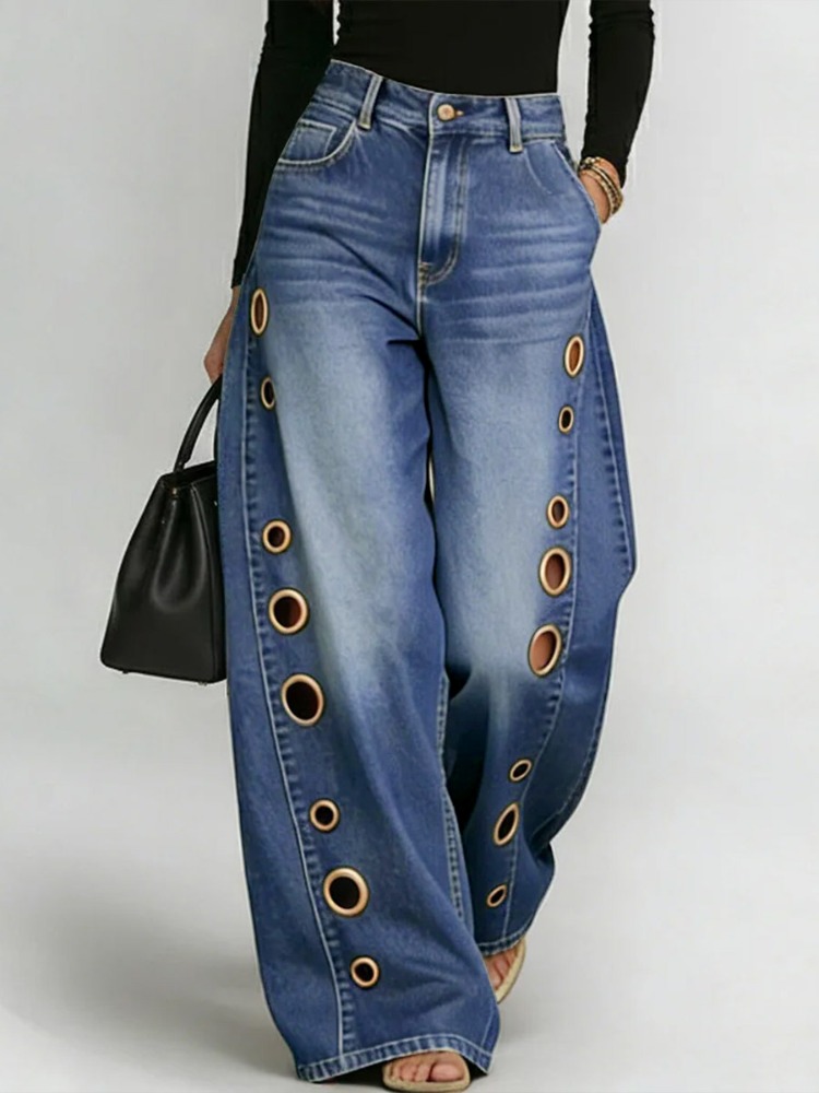Missuoo Damen Washed Blue High-Waist Jeans mit Metallösen und weitem Bein 2026 – Lässige, locker sitzende Streetwear-Hose