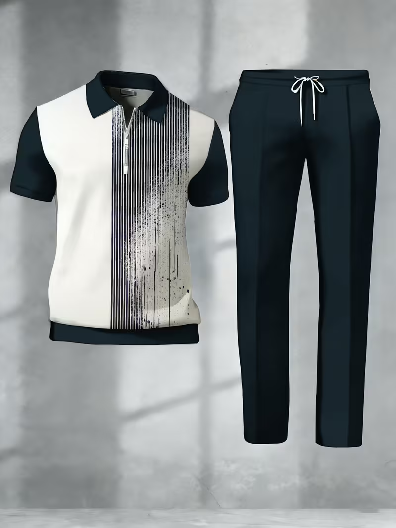 Conjunto Casual Masculino de 2 Peças, Incluindo Camiseta de Manga Curta com Zíper e Calças Longas, Impressão Digital 3D de Alta Qualidade, Disponível em Várias Cores, Ideal para Presentear a Familiares, para Trabalho, Uso Diário, Atividades ao Ar Livre e 