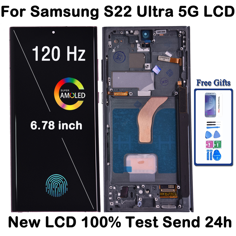 100% протестированный AMOLED-дисплей для Samsung Galaxy S22 Ultra 5G, сенсорный экран для S22 Ultra S908B, поддержка S Pen, сканер отпечатков пальцев