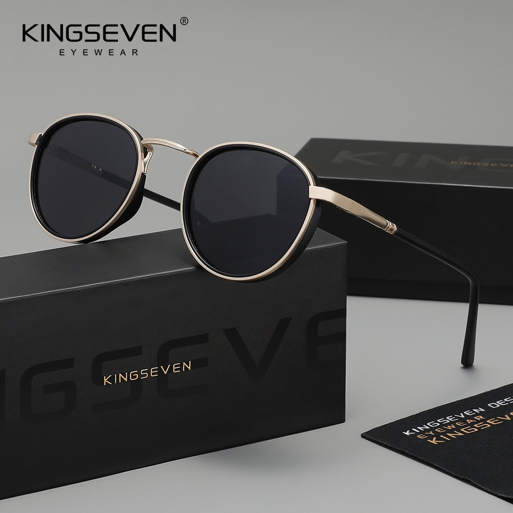 KINGSEVEN Kacamata Hitam Bingkai Bulat Kasual Asli Kacamata Pria Terpolarisasi UV400 Kacamata Fashion Retro Mewah Wanita Berkendara Memancing