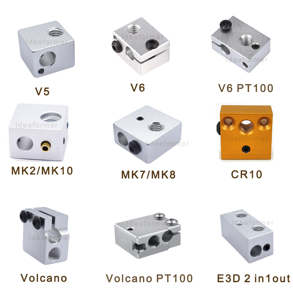 ฮีตเตอร์บล็อก 1 ชิ้น E3D V5 V6 MK7 MK8 MK2 MK10 Volcano PT100 CR10 2 IN 1 OUT อะลูมิเนียม/ทองเหลือง สำหรับหัวฉีดพิมพ์ 3 มิติ J Head