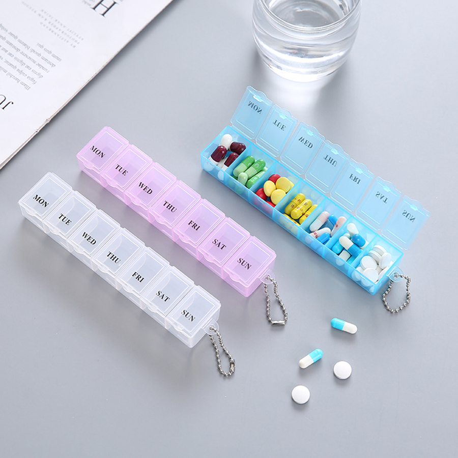 7 Tage wöchentliche Pillendose, bunter Tablet-Halter, Aufbewahrungskoffer für Medikamentenknöpfe, offener Medikamentenbehälter, Mini-Box, Pillen-Organizer