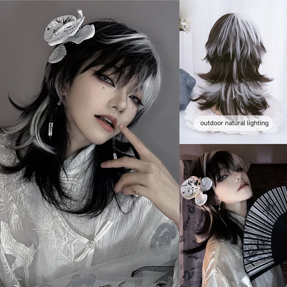16Inch Black and White Color Synthetic Wigs With Bang Medium Natural Wavy Hair Wig For Women Daily Use Cosplay Heat Resistant