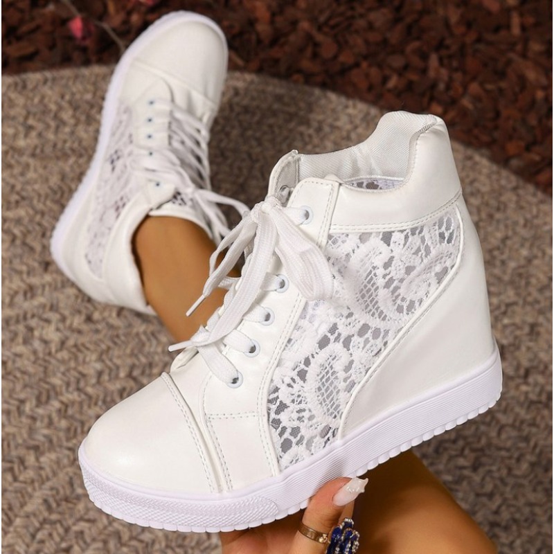 2025 Nieuwe Dames Wedge Platform Sneakers Rubber Leer Hoge Hakken Veterschoenen Hoogte Toenemende Witte Dikke Bodem