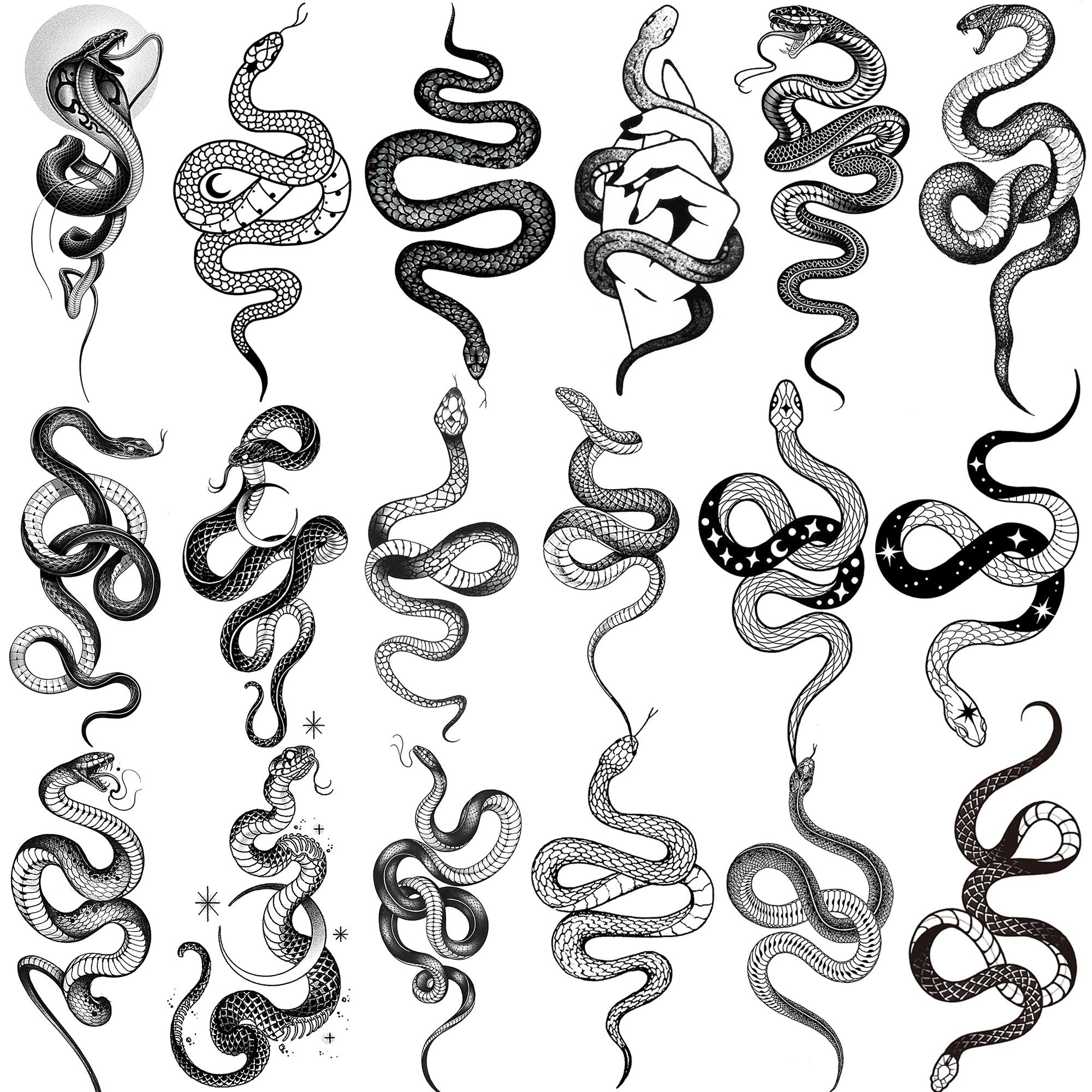 18 hojas de tatuajes temporales de serpiente pequeña para hombres y mujeres, pegatinas de tatuaje falso para manos y cuello, tatuajes de serpiente negra pequeños DIY, vacaciones 3D