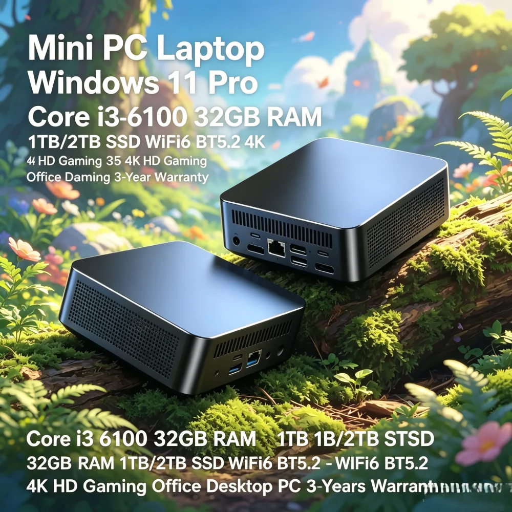 Mini PC Laptop Win11 Pro Core i3-6100 32GB RAM 1TB/2TB SSD WiFi6 BT5.2 4K HD Office & Gaming 3-Year Warranty