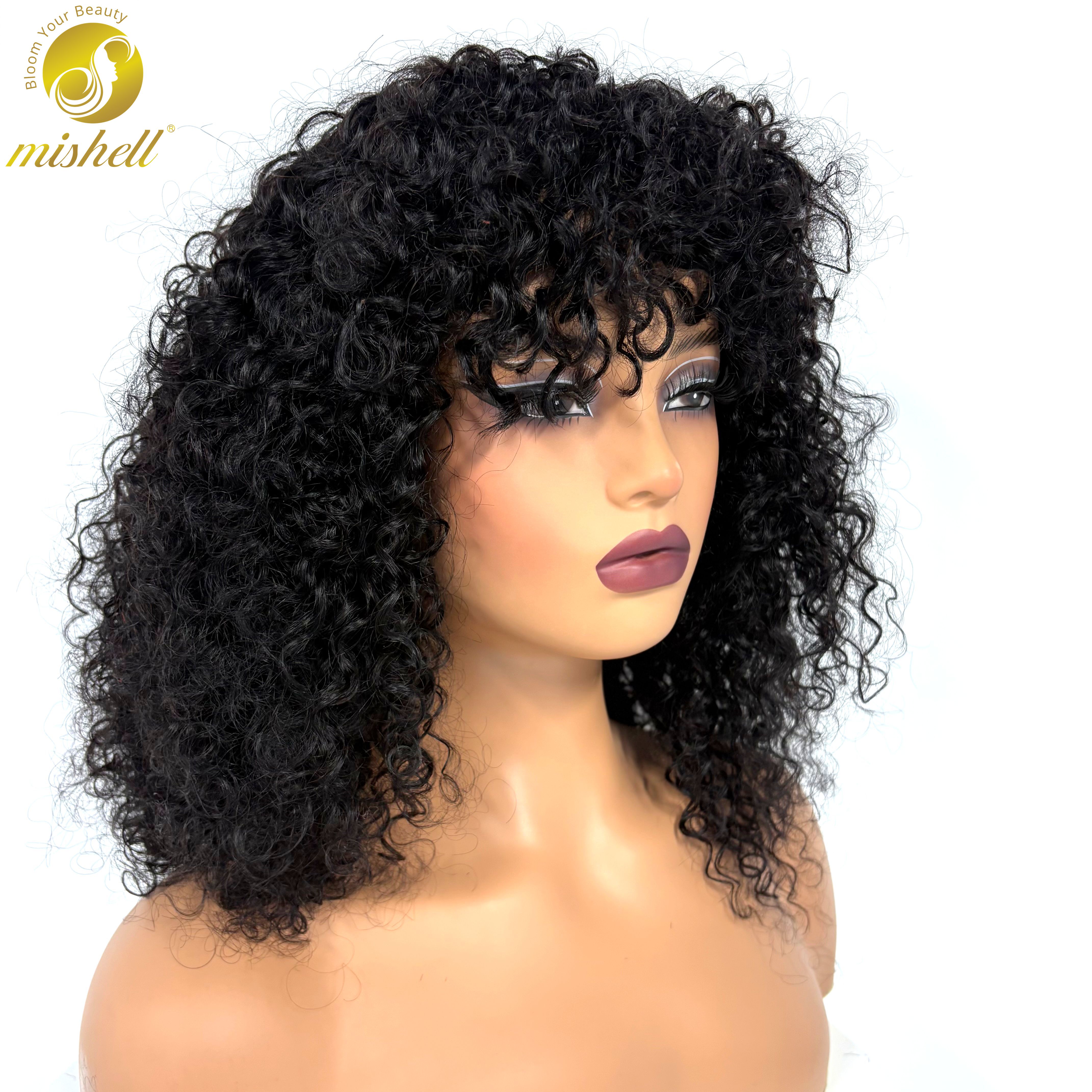 Parrucche di capelli umani ricci naturali da 16 pollici con frangia, densità 350%, interamente realizzate a macchina, ricci effetto acqua, in capelli Remy per donne nere