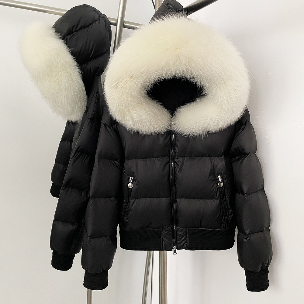 2025 moda outono grande natural pele de guaxinim fofo puffer jaqueta feminina malha manguito gola de pele real pato branco para baixo casaco inverno topo