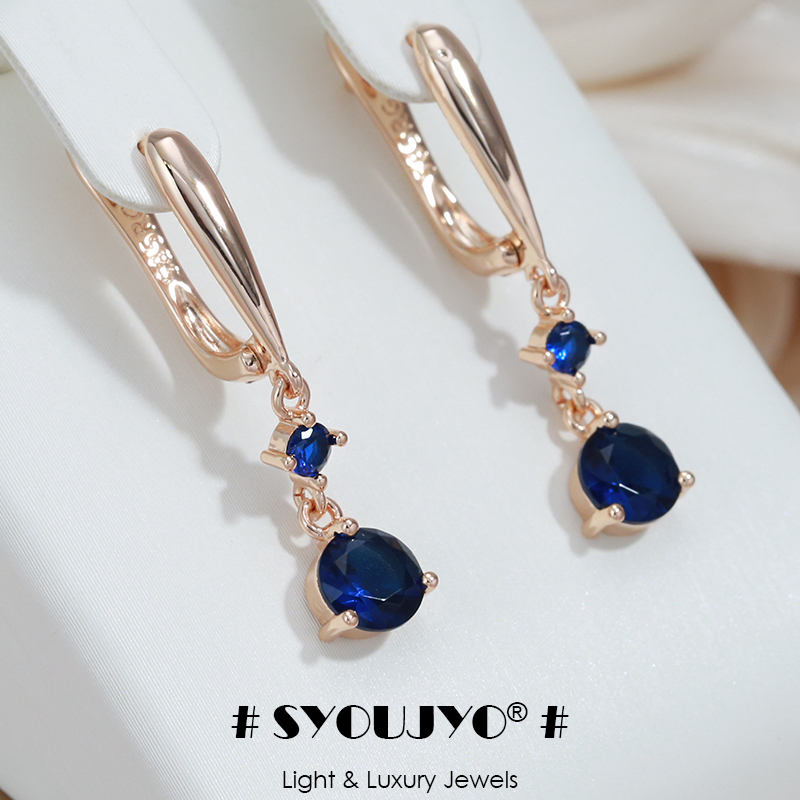 Scoujyo Anting-Anting Drop Vintage Zircon Alami Biru Panjang untuk Wanita 585 Perhiasan Liontin Antik Warna Mawar Emas Desain Mewah Baru