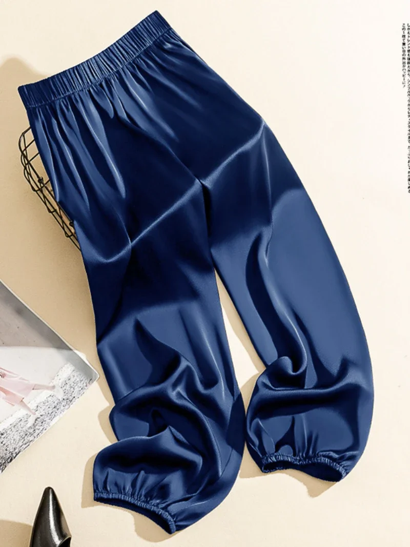 Pantalon bouffant d'été en soie et acétate de glace pour femmes et hommes, culotte ample en Satin, culotte lisse pour 150 à 169cm de haut