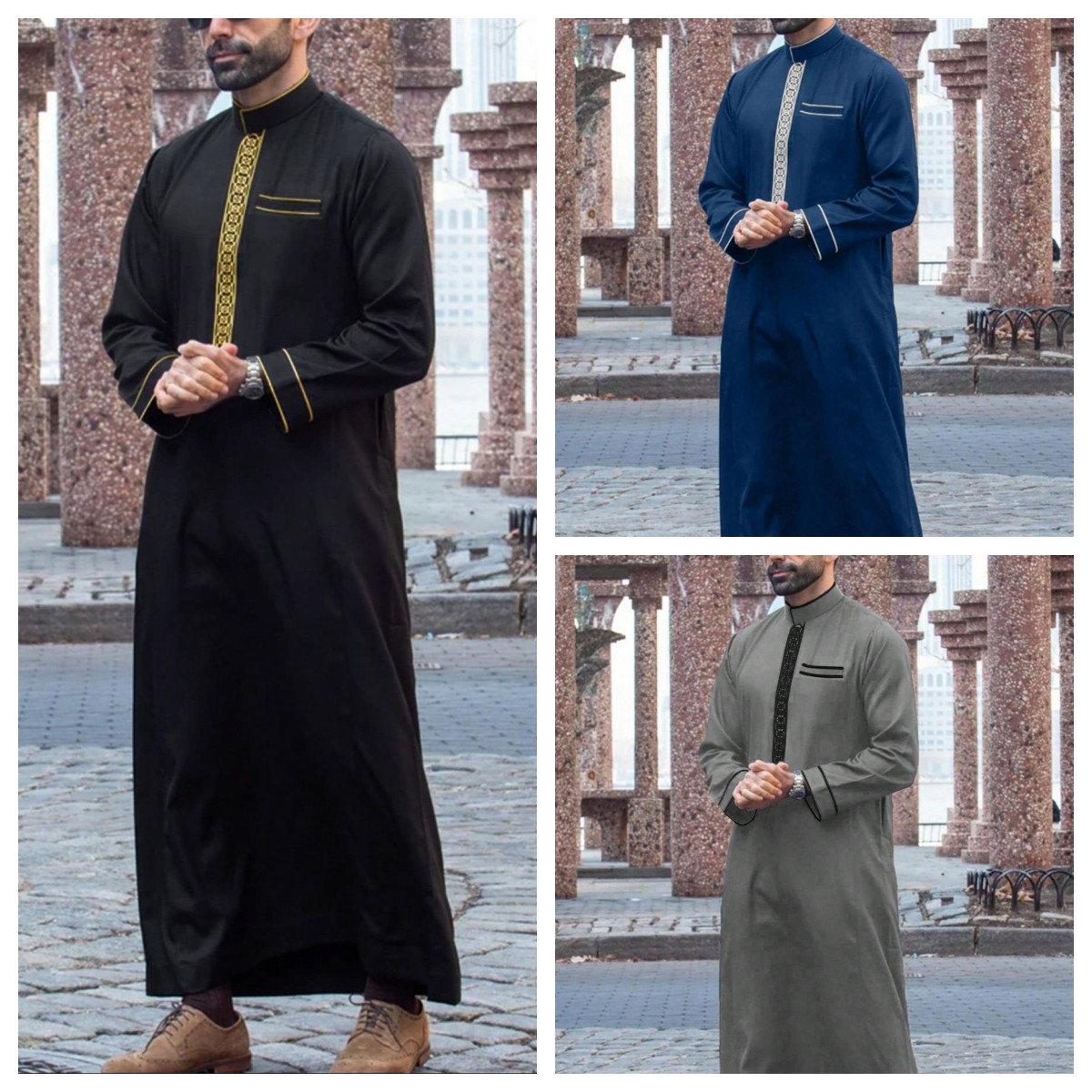 Bata musulmana de manga larga para hombre, ropa árabe con cuello levantado bordado de estilo étnico, informal e islámica
