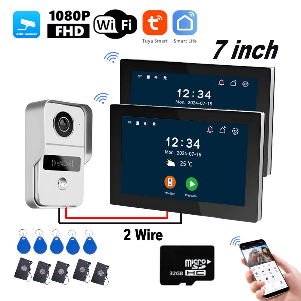 Sistema de intercomunicación para teléfono inteligente Tuya, Wifi, 7 pulgadas, 1080P, 2 cables, videoportero para el hogar, timbre, tarjeta RFID, desbloqueo, apartamento