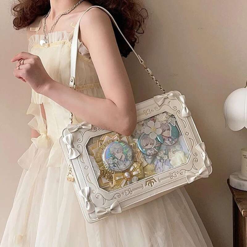 Lolita Bolsa de Ombro Transparente para Mulheres, Subcultura Uniforme JK, Arco Kawaii, Bolsa Crossbody, Bolsa Mensageiro Display DIY para Mulheres e Meninas