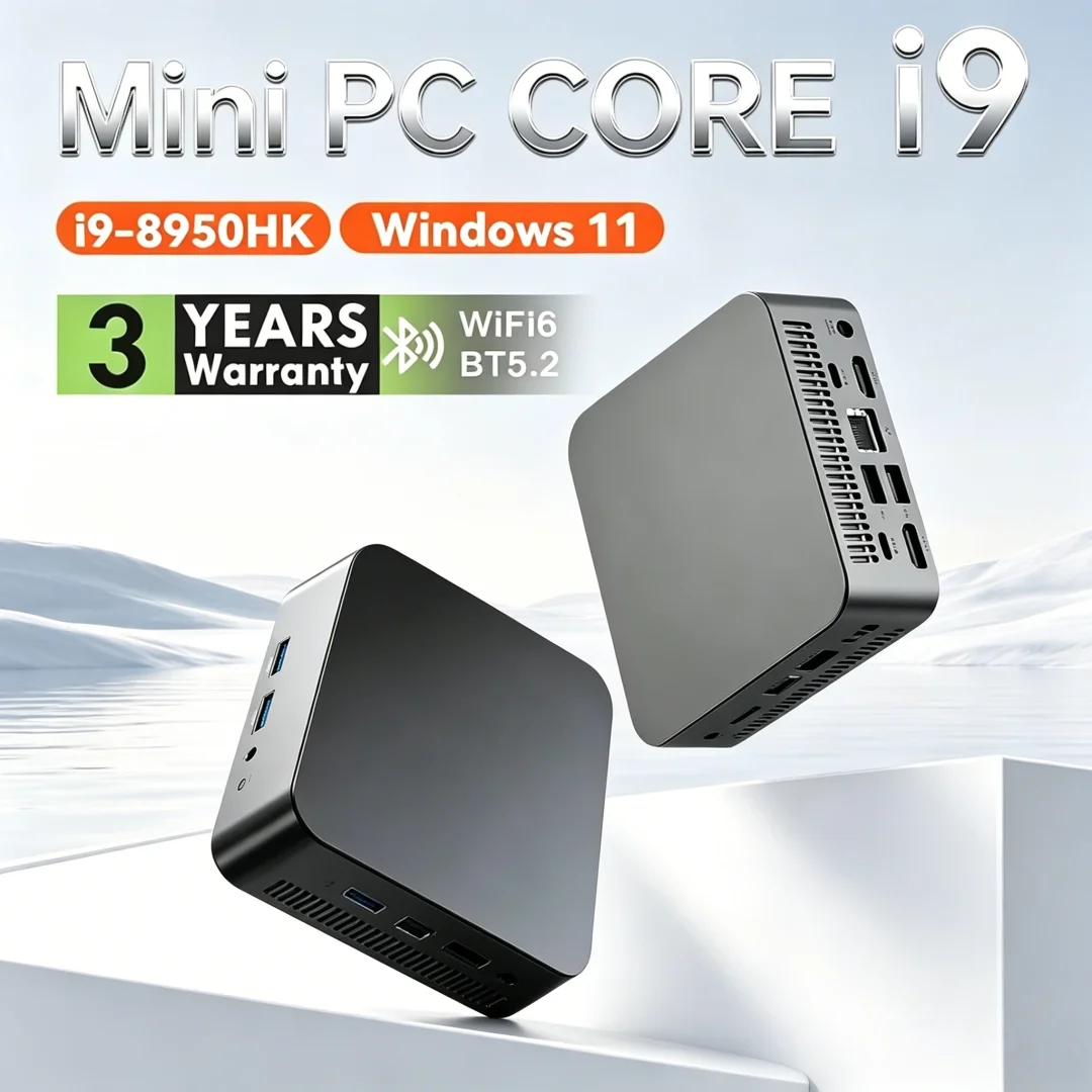 Mini PC Compacto de Alto Desempenho com Windows 11 Pro, Core I9 8950HK, 32GB de RAM, 1TB/2TB SSD, WIFI 6, BT5.2, 4K HD, Estilo Moderno