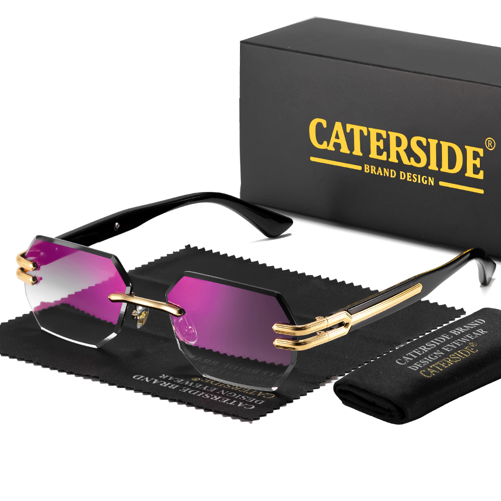CATERSIDE แว่นกันแดดไร้กรอบสำหรับผู้ชายรุ่นใหม่แฟชั่นเลนส์กระจกไล่ระดับสีรูปหลายเหลี่ยมกรอบโลหะแว่นกันแดดสำหรับผู้หญิงสำหรับงานปาร์ตี้กลางแจ้ง