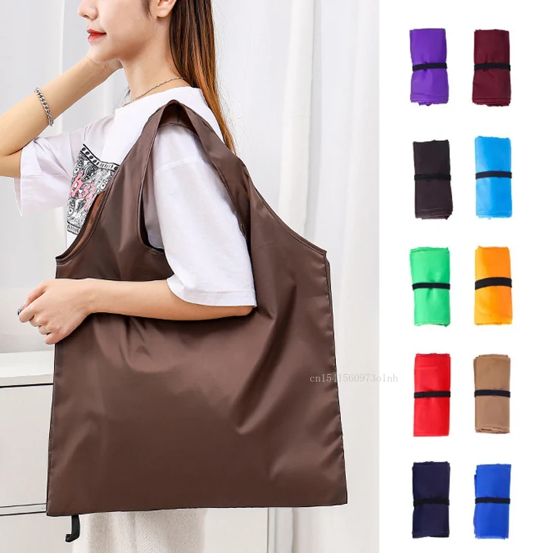 Bolsa de compras plegable, bolsa de comestibles de viaje reutilizable, bolso de un solo hombro ecológico para viaje, bolsa de mano de supermercado de Color sólido