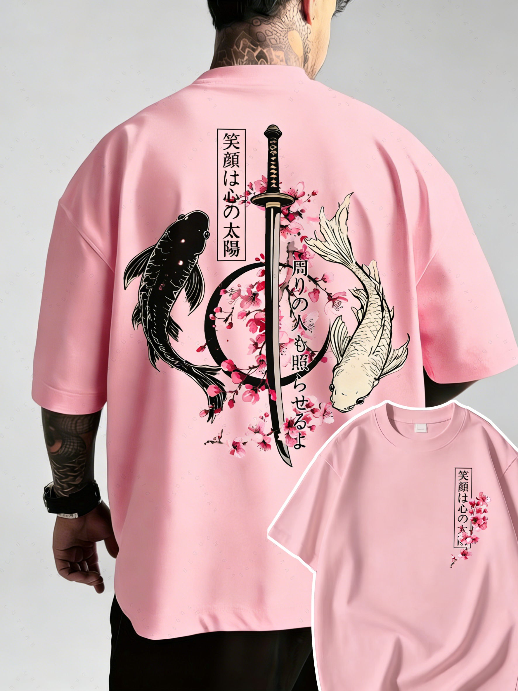 Summer Hot Japanese Yin Yang Koi Fish & Samurai Sword Pattern Cotton Men’s T-Shirt Short Sleeve Tees Casual Oversized Unisex Top