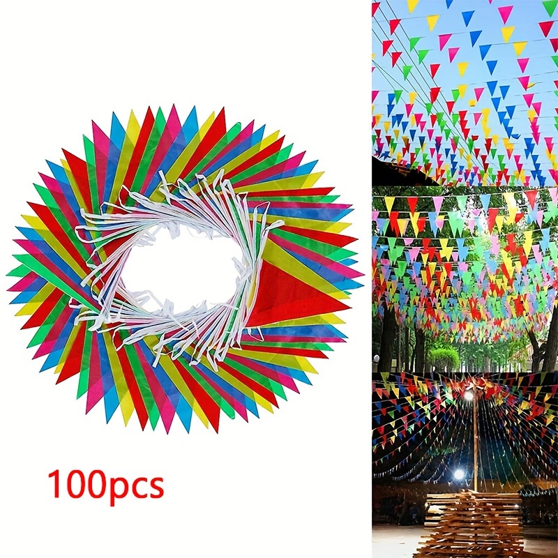 Bendera segitiga banyak warna 50M, Banner pesta Bunting, dekorasi luar ruangan untuk rumah taman pernikahan toko jalan