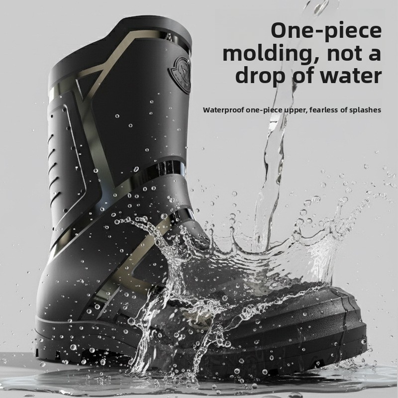 Trendige und Modische Herren Schwarze und Rote Mittel- und Hohe Regenstiefel Outdoor Übergrößen Schwarze Schmutzabweisende Wasserstiefel