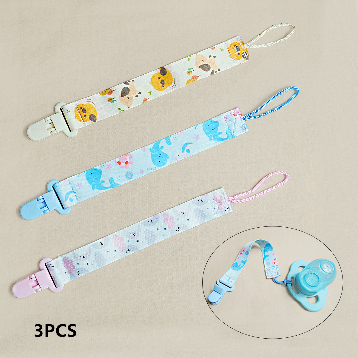 Sucette pour bébé imprimée de dessin animé 3 pièces pour empêcher la chute de chaîne ; Jouet en gomme pour bébé, corde anti-chute, corde suspendue, pince à biberon et à tétons