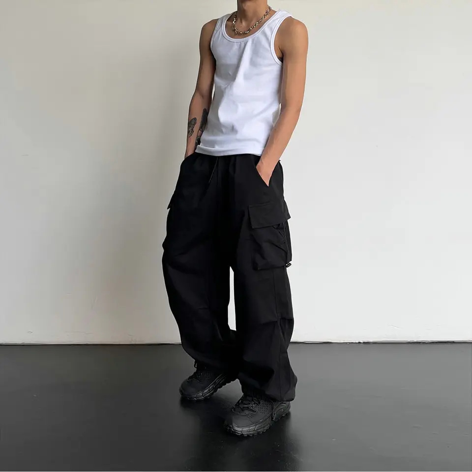 Estilo americano calças casuais calças de carga high street cordão workwear na moda solta versátil em linha reta calças casuais de perna larga