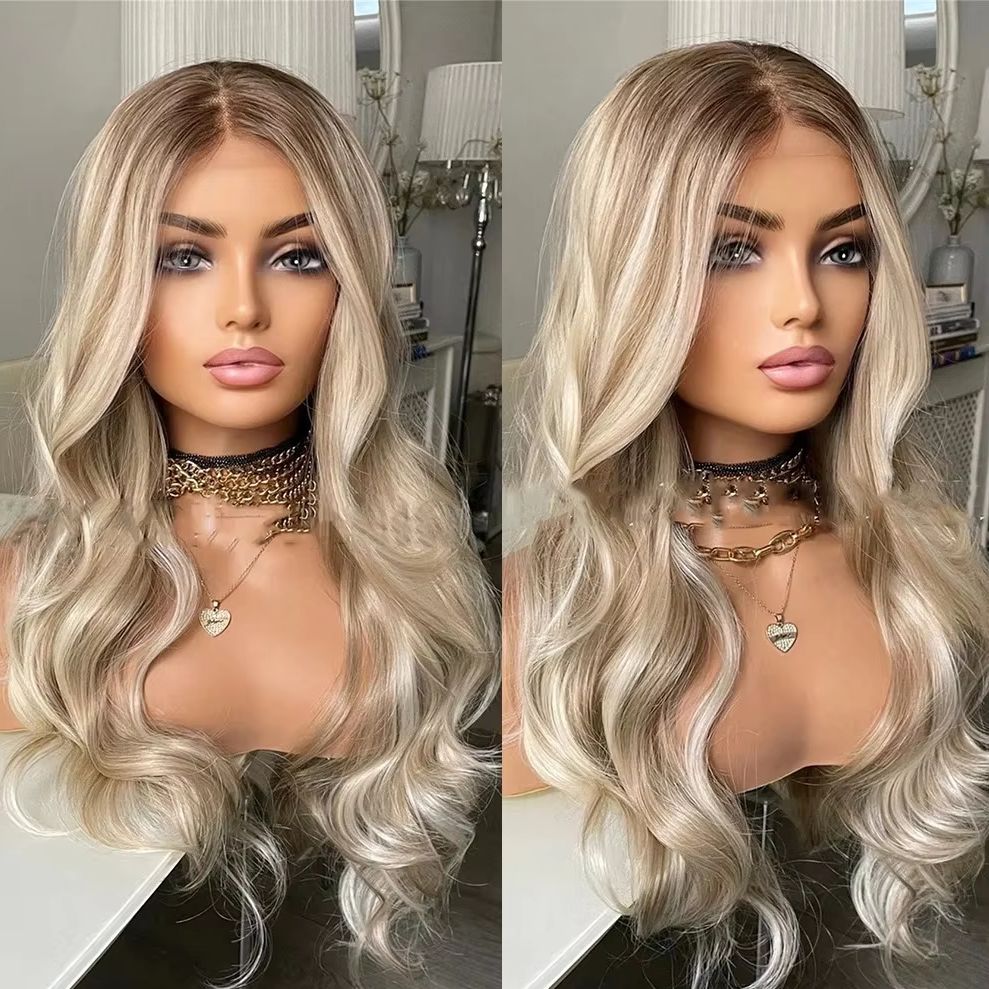 Invisible Transparent Highlight Ombre Platinum Blonde Wig with Dark Roots Party Synthetic And Blend Lace Wigs For Women Party