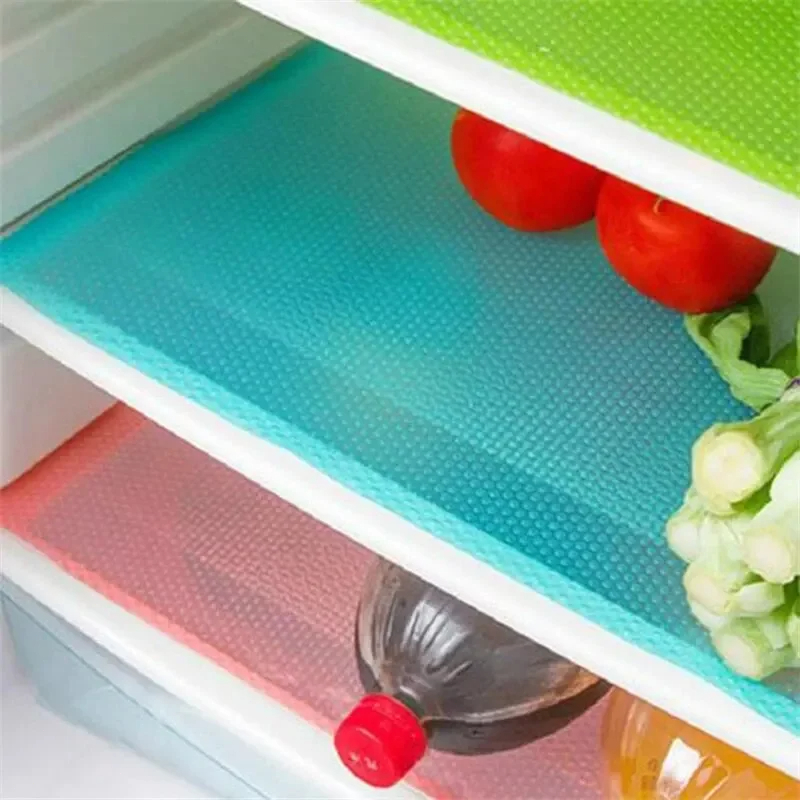 Almofada de geladeira antiderrapante, 4 unidades, à prova d'água, pode ser cortada, forro de prateleira de geladeira, cozinha, lavável, gaveta, armário, mesa, placemats