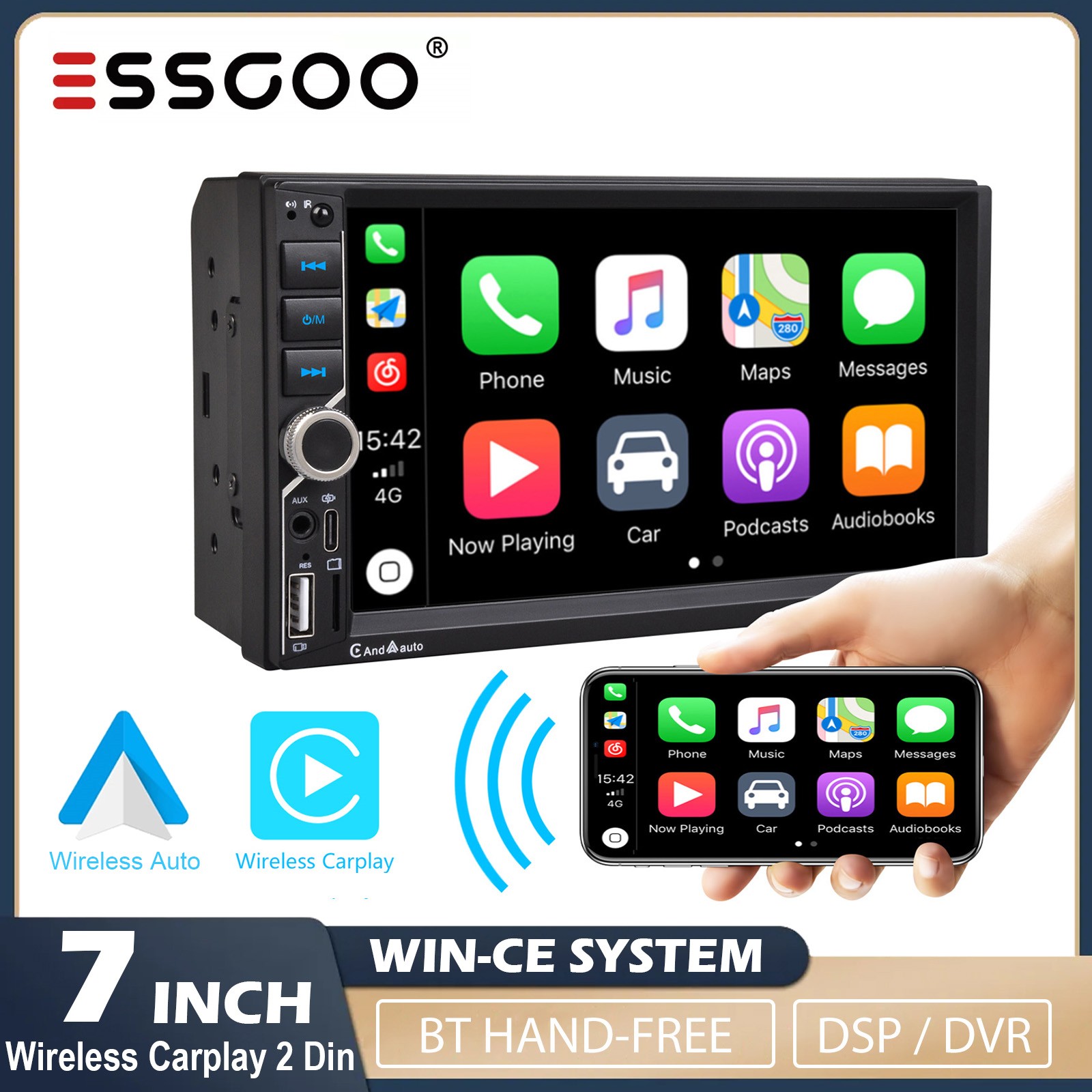 Radio para Auto ESSGOO Universal con Carplay, Reproductor Multimedia 2 Din, Android Auto, Pantalla Táctil de 7 Pulgadas, Navegación, Estéreo para Auto