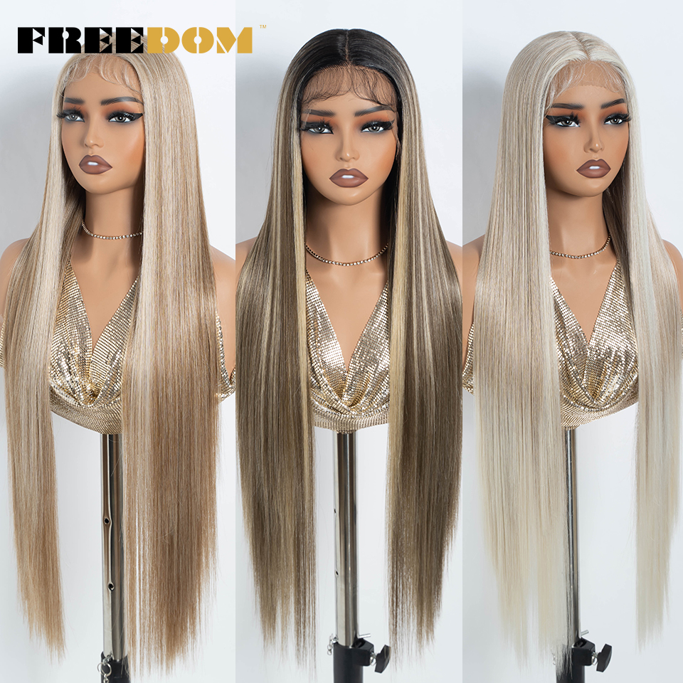 FREEDOM Synthetic Lace Front Wigs For Women 36 Inch Long Straight Ombre Red Blonde Brown Lace Wigs Highlight Cosplay Wig