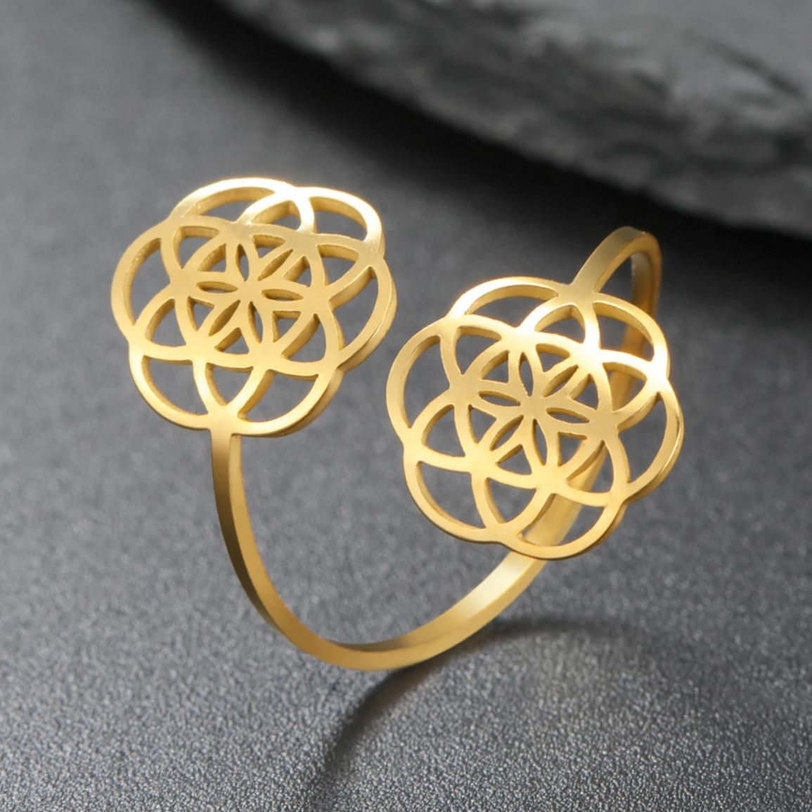 LIKGREAT-Anillo ajustable de geometría sagrada con flor hueca de la vida para mujer, joyería de Mandala de Chakra Vintage de acero inoxidable, regalo nuevo
