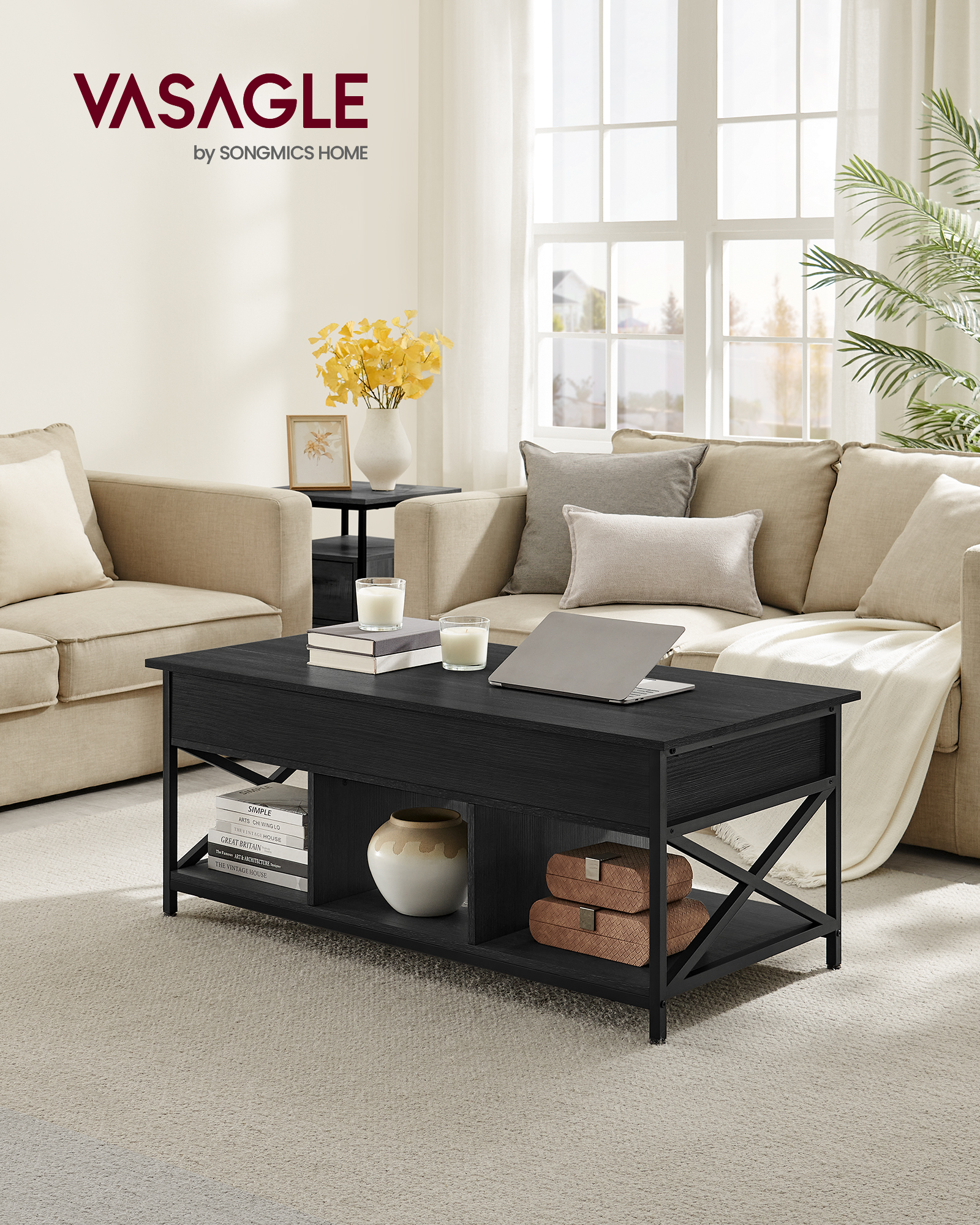 VASAGLE Coffee Table, Lift-Top Table Coffee Table for Living Room, Coffee Table with Open and Hidden Storage, X-Shaped Bars