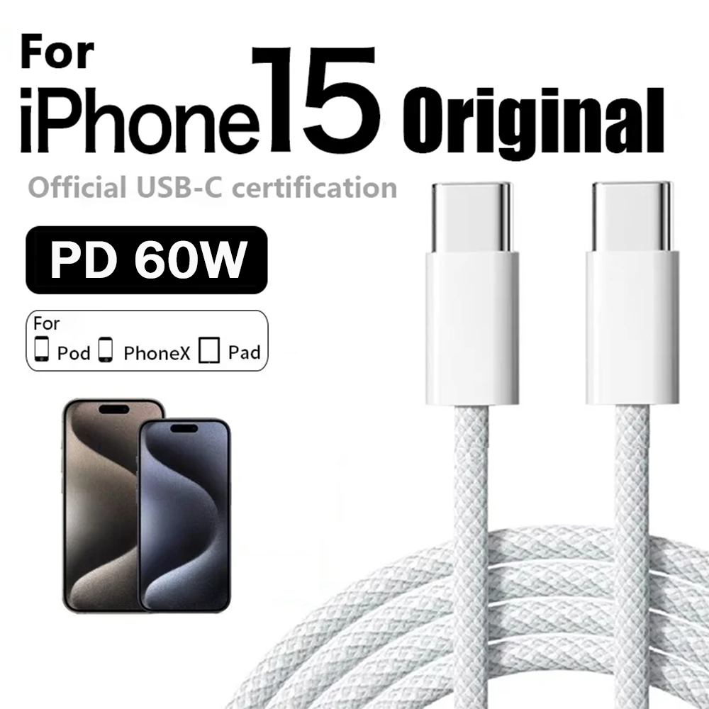 Оригинальное зарядное устройство PD 60W с быстрой зарядкой, кабель USB-C на Type-C 6A для iPhone 15 16 17 Pro MAX, быстрая зарядка для Samsung S26, кабель для Xiaomi