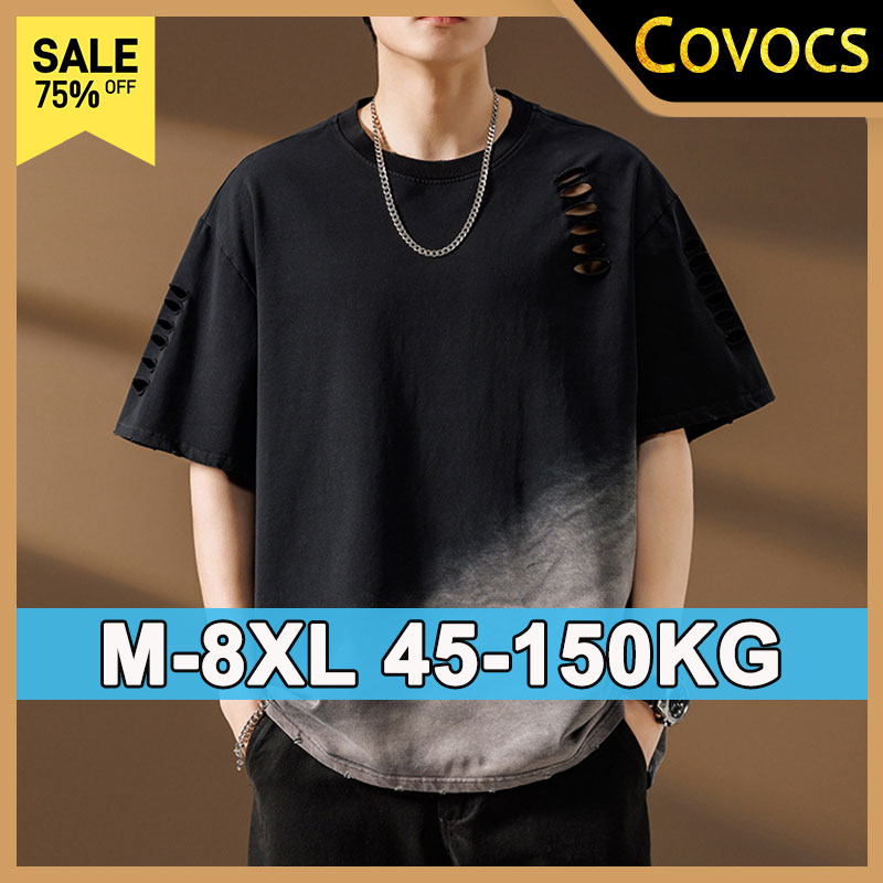 Męska koszulka z krótkim rękawem, plus size M-8XL, z efektem sprania, gradientem kolorów, luźny krój, okrągły dekolt, dziury, na lato, do noszenia na co dzień.