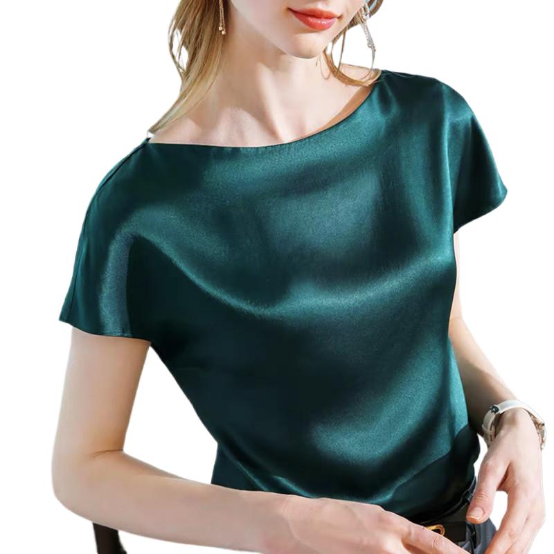 2026 Estate Basic Solid Camicie in raso di acetato da donna scollo a barca T-shirt a maniche corte Top in raso di seta Camicette eleganti taglie forti