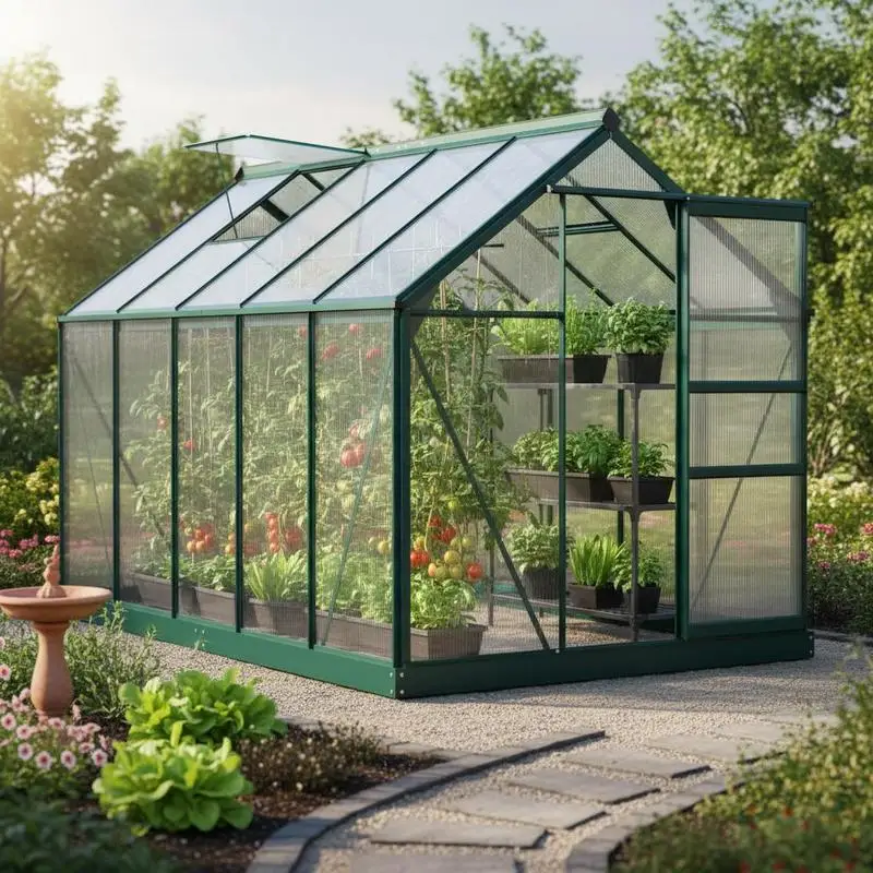 6' x 10' Greenhouse for Outdoors, Polycarbonate Greenhouse with Rain Gutter and Roof Vent, Aluminum Walk-in Green Houses for Outside for Patio Backyard Garden, Dark Green